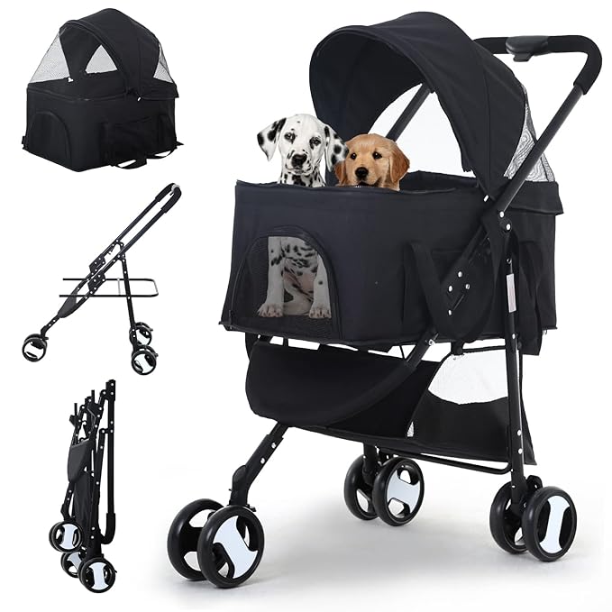 3-in-1 Folding Pet Stroller for Medium Small Dogs & Cats - 3 Wheels, Lightweight Travel Stroller with Detachable Carrier, Black