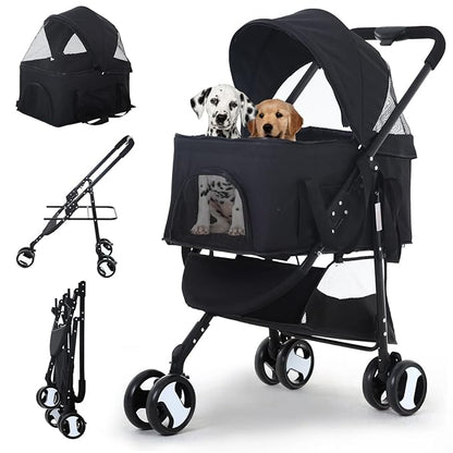 3-in-1 Folding Pet Stroller for Medium Small Dogs & Cats - 3 Wheels, Lightweight Travel Stroller with Detachable Carrier, Black