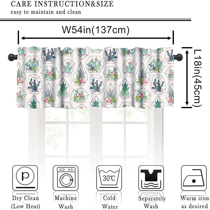 Bohemian Plants Window Valance Curtains, Green Houseplant Succulents Cactuses Boho Tropical Indoor Plant Potted Flower Valance Curtain for Farmhouse Bedroom Living Room Kitchen 54x18inch