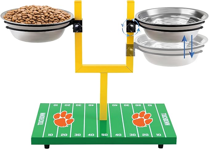 NCAA Clemson Tigers Goalpost Football Field Dog Feeder – Adjustable Elevated Dog Bowls with Stand, 2 Stainless Steel Bowls, Non-Slip Rubber Feet, Raised Pet Feeder for Large & Small Dogs