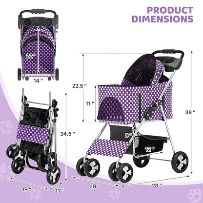 Magshion Foldable Pet Stroller, 3-in-1 Dog Travel Jogger with Detachable Carrier, Cup Holder, Storage Basket, Folding Carrier for Small/Medium Dogs & Cats Up to 33 lbs, Purple Polka Dots