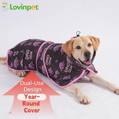 LovinPet 3‑in‑1 Dog Warm Winter Coat & Bathrobe, Hooded Dinosaur Fleece, Lightweight High‑Loft, Absorbent Knit, Quiet Hook‑and‑Loop, Wind‑Blocking Edges, Dog Robes for Medium & Large Dogs, Blue,L