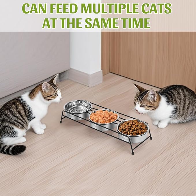 Raised Cat Bowls Triple Dog Cat Feeder Holders 3 Stainless Steel Elevated Pet Water Food Bowl for Cats Puppies Rabbits (3 Bowls)