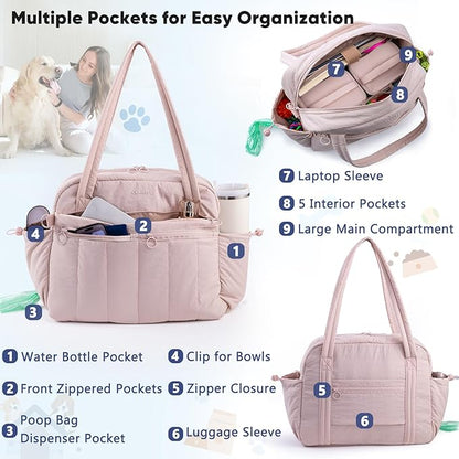 Dog Travel Bag for Supplies, Airline Approved Pet Travel Organizer with 2 Food Containers & Collapsible Bowls, Large Capacity Dogs Tote Bag for Weekend, Stylish Dog Mom Gift for Pet Lovers