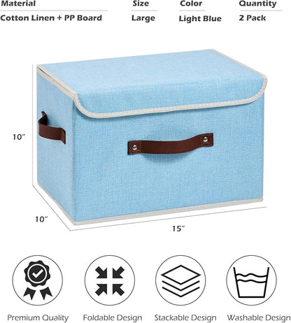 2PCS Storage Boxes with Lid Cotton Linen Fabric Storage Bins Organizer Container Decorative Collapsible Washable Shelf Closet Baskets Faux Leather Handles Home Bedroom (Light Blue, Large)