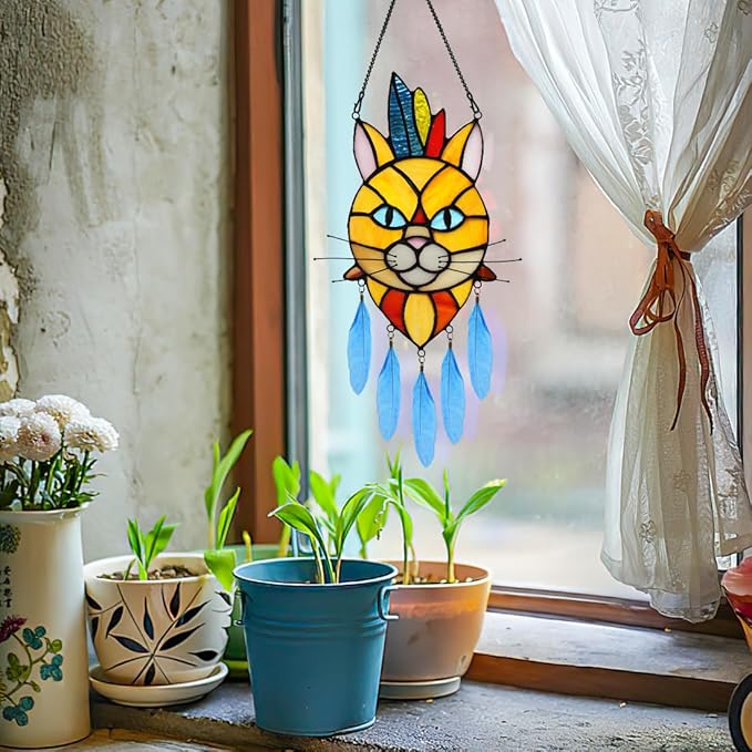 BOXCASA Orange Cat Decor: Stained Glass Window Hangings and Suncatcher - Indian Feathers Decoration for Cat Lovers