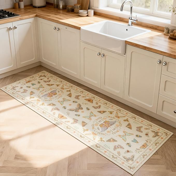 Unirea 2x6 Cream Runner Rug, Washable Non Slip Insect Botanical Rug for Hallway, Kitchen, Bathroom, Laundry Room, Entryway, Bedroom, Soft Boho Door Mat Indoor Entrance Bug Rugs, Low Pile Carpet
