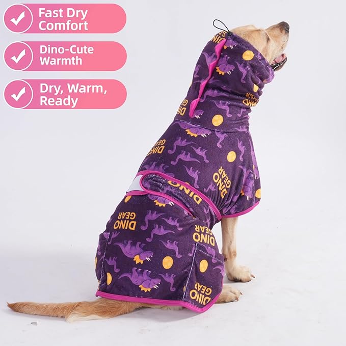 LovinPet 3‑in‑1 Dog Warm Winter Coat & Bathrobe, Hooded Dinosaur Fleece, Lightweight High‑Loft, Absorbent Knit, Quiet Hook‑and‑Loop, Wind‑Blocking Edges, Dog Robes for Medium & Large Dogs, Purple,XL