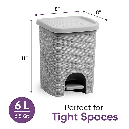 Superio Mini 6L Step Pedal Trash Can - Wicker Design, Hidden Mechanism, Durable Plastic, Ideal for Desktop, Countertop, Pet Waste/Dog Poop - Grey