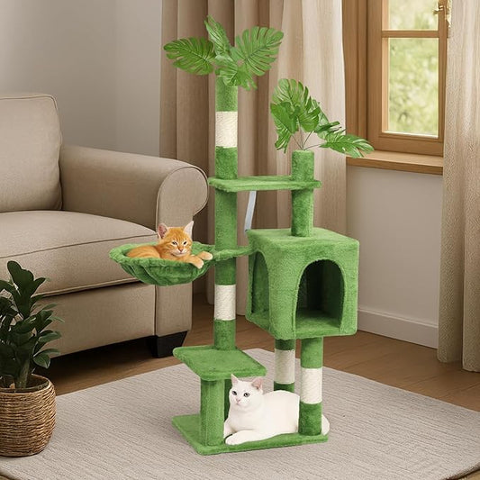 Outvita Cat Tree 48in Monstera Cat Tower with Leaves, Multi-Level Cat Tree Tower with Condo, Cozy Plush Hammock, Dangling Toy, Sisal Scratching Posts, Large Pet Activity Center for Indoor Cats, Green