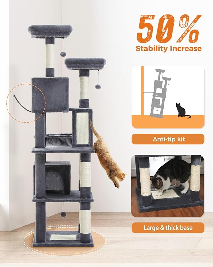 MUTTROS Cat Tree, 70.9-inch Large Cat Tower with 2 Condos, 2 Top Perches, Hammock & 6 Scratching Posts for Indoor Cats, Dark Gray