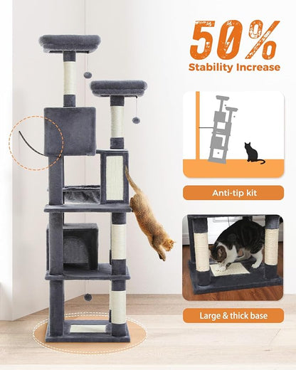 PEQULTI 71'' Cat Tree for Indoor Cats with Big Hammock, Tall Cat Tower for Large Cats with 2 Cat Condo, 2 Soft Top Perch, Scratching Posts and Pad, Dark Grey