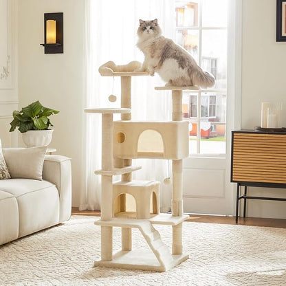 Sweetcrispy 54-Inch Cat Tree Tower – Multi-Level with Sisal Scratching Post, Perfect Pet Gift, Indoor Condo with Climbing Ladder, Plush Toy, and More Animal Stuff, Beige