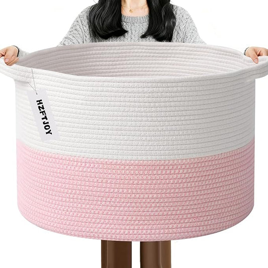65L Large Blanket Basket,19.7" L x 19.7" W x 13" H Rope Woven Baskets with Handles, Toys Storage Bins,Laundry Basket Perfect for Living Room, Nursery,Bedroom,Home Organization,White&Pink