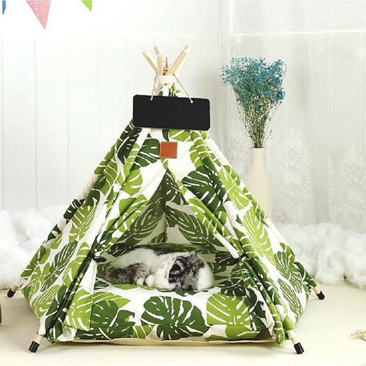 Cat Teepee Tent Bed,Outdoor Indoor Dog House Portable Washable Pet Tent for Small Dogs with Cushion Inside Pet Teepee for Small Medium Animals (Green&White, M)