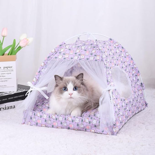 Selena Dog Tent House Cat Bed Indoor Outdoor Bow Ribbon Lace Mesh Breathable Windows Door Curtains Removable Portable Pet Nest Teepe (Medium,Purple+Cat)