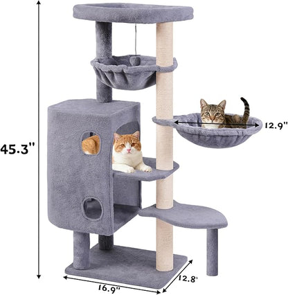 HUITREE 45in Cat Tree Tower with Big Condo for Indoor Cats,Cat Tower with Scratching Post,Scratching Board and Cat Toys,Multi-Level,Small Space,Transformer Cat Tree (Grey+)