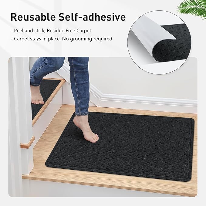Stair Treads Non Slip Landing Rug for Wooden Steps Indoor, Peel and Stick Stair Treads Matching-Mat 20"X32" Landing Slip Resistant Stair Rugs for Kids and Dogs, Black