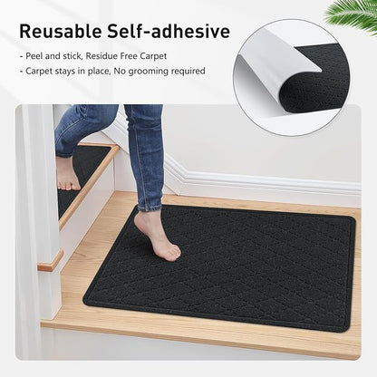 Stair Treads Non Slip Landing Rug for Wooden Steps Indoor, Peel and Stick Stair Treads Matching-Mat 20"X32" Landing Slip Resistant Stair Rugs for Kids and Dogs, Black