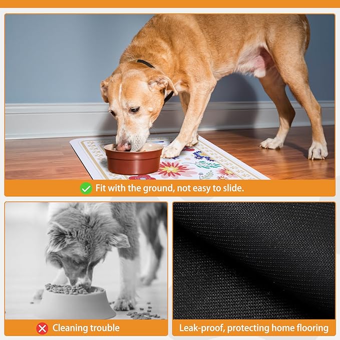 KOOLTAIL Dog Food Mat, Absorbent Pet Feeding Mat for Food and Water Bowls, Placement Pad for Floors with Waterproof Rubber Backing, Quick Dry Water Dispenser Mat for Dogs Puppy Cats, Flower, 16"x24"