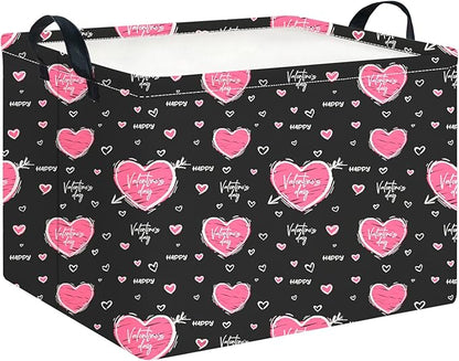 CLOCOR Rectangular Black Heart Gift Basket for Valentines' Day, Collapsible Cute Pattern Storage Bin,Waterproof Books Box with Handles,Gift Basket(Happy Valentine)