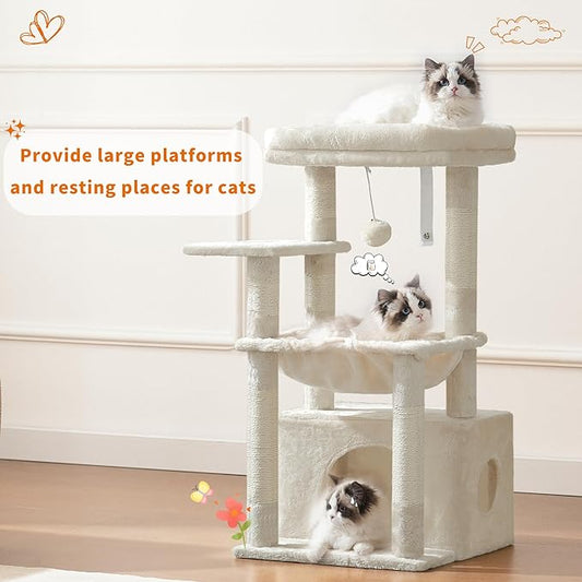 Heybly Cat Tree, Kitten Tower with Large Soft Cat Basket, Cat Condo with Spacious Cat Bed Cave with Hidden Space, Sisal-Covered Scratching Posts, Dangling Ball for Indoor Cats, Beige HCT008SM