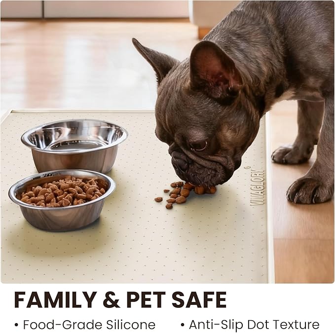VIVAGLORY Dog Bowl Mat Grippymat Pet Food Mat, Waterproof Washable Nonslip Silicone for Pet & Cat, Food and Water Placemat with Lip & Raised Edges for Indoor Floor, S, Ivory
