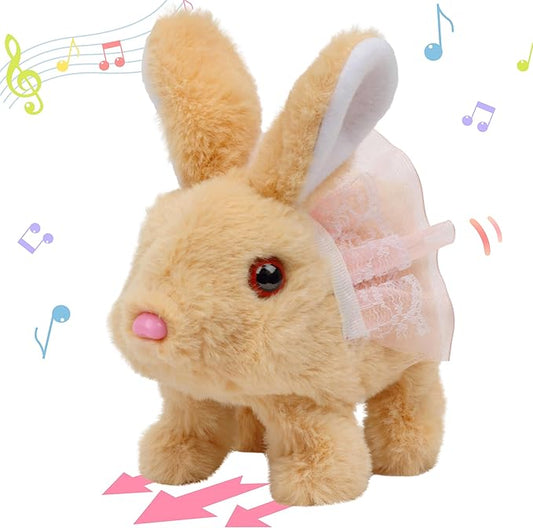 Hopearl Hopping Rabbit with Dress Interactive Electronic Pet Plush Bunny Toy with Sounds and Movements Animated Walking Wiggle Ears Twitch Nose Gifts for Toddlers Birthday, Brown, 7''