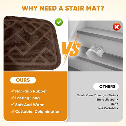 15 Pack 8 "X 30" Non Slip Stair Treads for Wooden Steps, Carpet Stair Treads Made of Polyester and Reusable Adhesive, Stair Runner Rugs for Kids, Elders and Pets (Brown)
