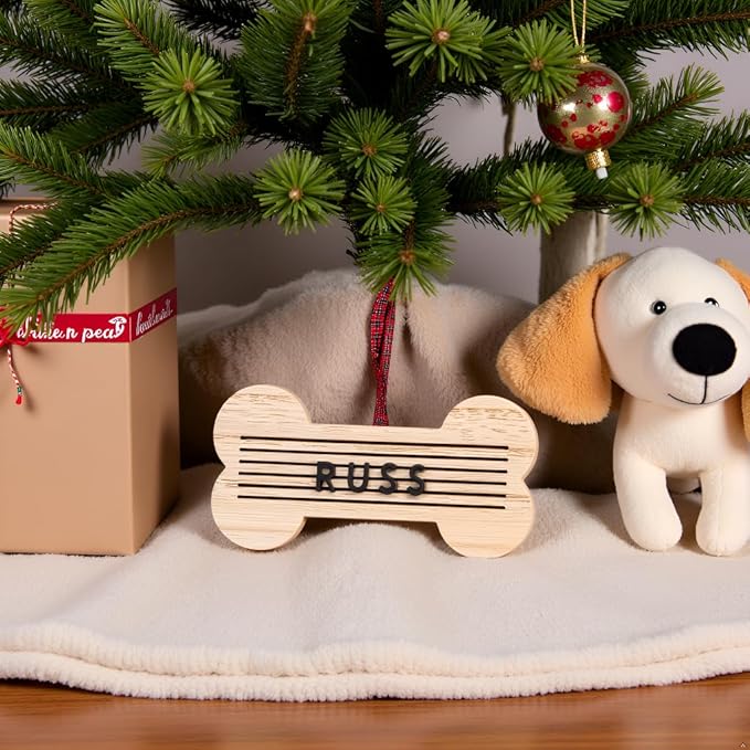 Pearhead Pet Letterboard Bone Holiday Christmas Tree Ornament, Pet Owner Christmas Keepsake, Wood with Buffalo Check Hanging Ribbon