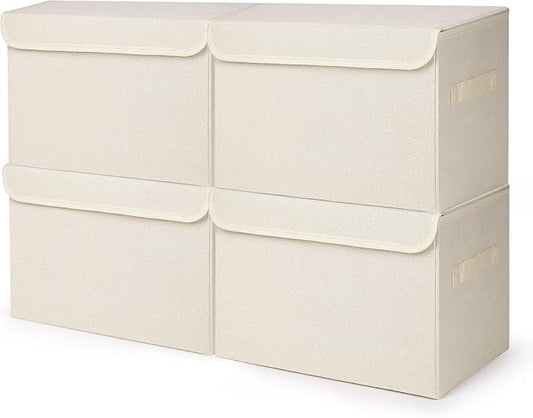 Large 22 Quart [4-Pack] Linen Fabric Foldable Storage Bin Cube Organizer Basket with Flip-Top Lid & Handles, Clothes Blanket Box for Home, Office, Closet (14.6 x 9.5 x 9.5, Beige)