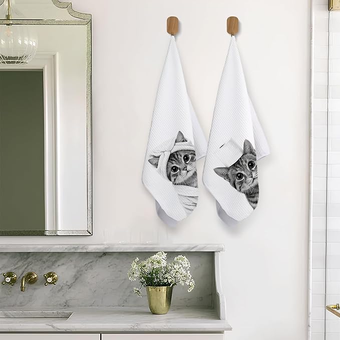 Funny Cat Bathroom Hand Towels, Cat Mom Lovers Lady Gifts for Women, Pet Lover Gifts Decorative Hand Towels for Bathroom Decor, 16x24 Inch Set of 2
