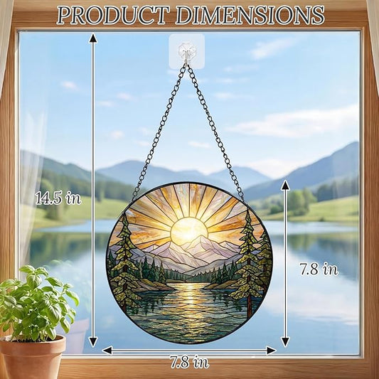 Sanwarm Stained Glass Window Hanging, Mountain Sunrise Lake Suncatcher Window Decor for Indoor Home Sun Catcher Ornament, Mother’s Day & Birthday Gift for Women, Men, Mom & Nana, 7.8 in