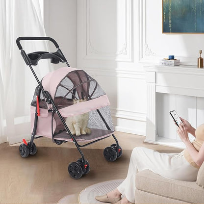 Pet Stroller for Small Medium Dogs Cats, Lightweight Foldable Pet Wagon with 360° Front Wheels & Brake, 40 lbs Capacity Carrier for Park Travel Shopping, Breathable Mesh Basket (Pale Pinkish Grey)