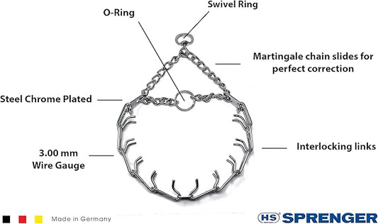 Herm Sprenger Prong Dog Training Collar, 22in x 3.0mm (Neck Size up to 18in) Medium, Ultra-Plus Chrome Plated Steel Pet Pinch Anti Pull Collar for Dogs Made in Germany