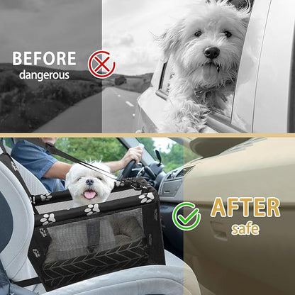 PetsHome Dog Car Seat Foldable Dog Car Booster Seat Waterproof Breathable Oxford Travel Bag for Small to Medium Dogs, Puppies, and Pets-Footprint Black+Mat