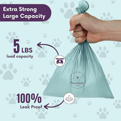 Complete Earth-Conscious Dog Waste Kit: Wheat Straw Waste Bag Dispenser with one corn starch 15-bag waste bag roll, Carabiner, Elastic Band for Secure Leash Attachment, Leak-Proof (Blue)