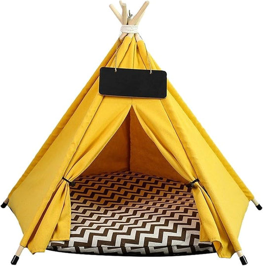 Cat Teepee Tent Bed,Outdoor Indoor Dog House,Portable Washable Pet Tent for Small Dogs with Cushion,Inside Pet Teepee for Small Medium Animals (Yellow, M)