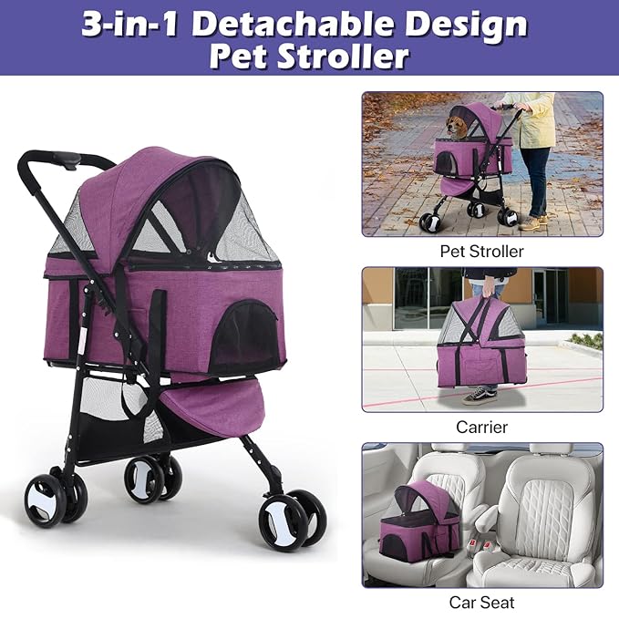 3-in-1 Folding Pet Stroller with 3 Wheels for Medium Small Dogs & Cats - Lightweight Travel Pet Stroller with Detachable Carrier, Purple