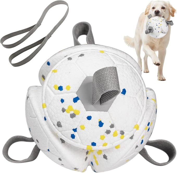 6 Inch Dog Ball Toys Interactive Soccer Ball with Straps for Tug of War Water Pet Toys Gifts for Puppy Birthday Indoor Outdoor for Fetch for Large Medium Dogs, White