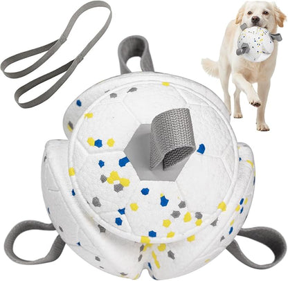 6 Inch Dog Ball Toys Interactive Soccer Ball with Straps for Tug of War Water Pet Toys Gifts for Puppy Birthday Indoor Outdoor for Fetch for Large Medium Dogs, White