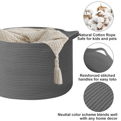 65L Large Blanket Basket,19.7" L x 19.7" W x 13" H Rope Woven Baskets with Handles, Toys Storage Bins,Laundry Basket Perfect for Living Room, Nursery,Bedroom,Home Organization,Dark Gry