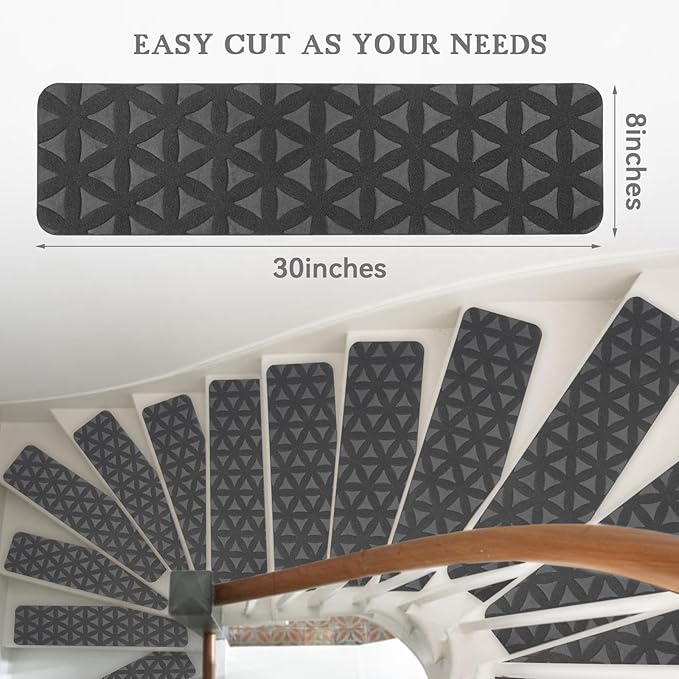 RIOLAND Non-Slip Carpet Stair Treads for Wooden Steps Indoor, 8" X 30", 15 Pack Peel and Stick Stair Treads Runners for Kids Elders and Pets, Gray