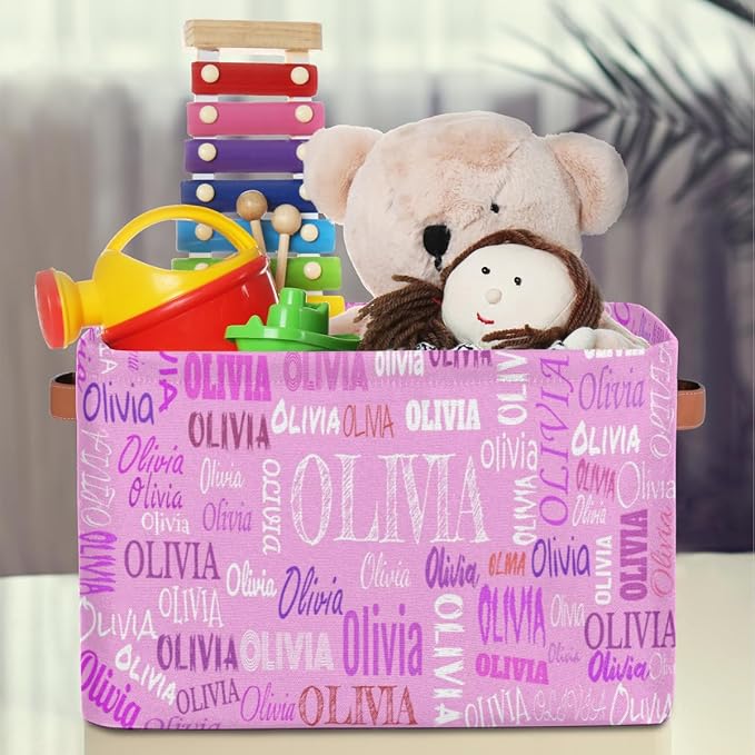 Personalized Storage Bins, Customized Name Storage Basket Rectangle Clothes Organizer for Organizing Kids and Pets Toys Shelf Closet, Pink Color Background