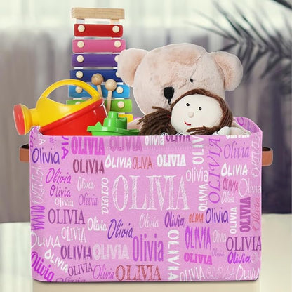 Personalized Storage Bins, Customized Name Storage Basket Rectangle Clothes Organizer for Organizing Kids and Pets Toys Shelf Closet, Pink Color Background