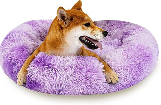 Calming Dog Bed for Medium Dogs Cats, Puppy 31'' Round Anti-Anxiety Warm Fluffy Plush Faux Fur Bed, Soft Anti-Slip Donut Washable, Cozy Medium Puppy Bed, Fits up to 50 lbs Pets
