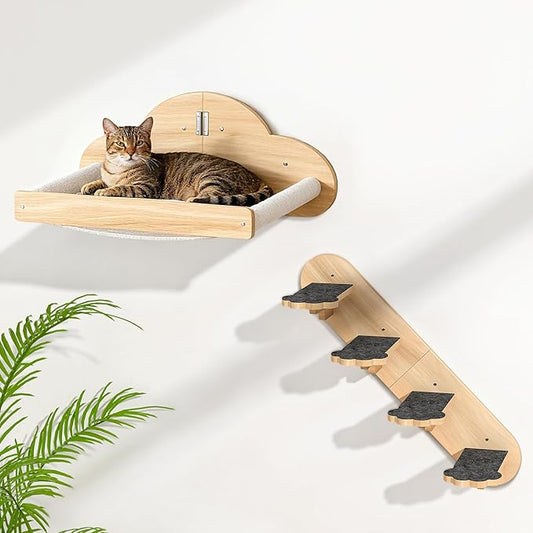 Wall Mounted Cat Hammock with 3 Climbing Steps,Pine Wood Cat Climbing Shelves & Perches up to 30lbs,Kitty Wall Shelf Furniture for Indoor Sleeping, Lounging,Climbing and Playing