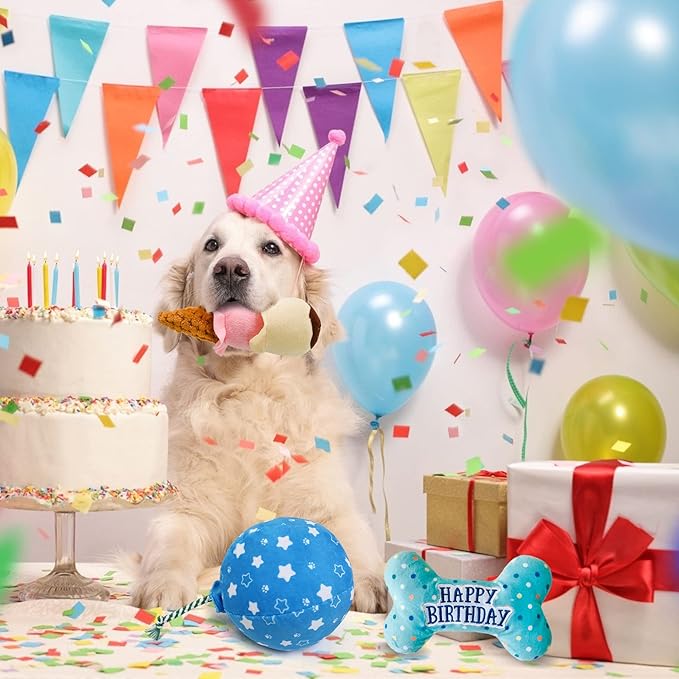 Prime Pets Dog Birthday Toys, 3 Pack, Crinkle Squeaky Dog Toys Set, Pet Toys for Small Medium Large Dogs, Stuffed Puppy Chew Toys, Dog Gift Toys
