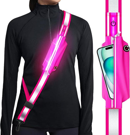 Reflective Sash Gear for Walking at Night,LED Reflective Belt Safety Lights,Lights for Night Dog Walking,High Visibility Type-C Rechargeable with Phone Holder for Men Women