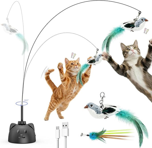 Interactive Cat Toys for Indoor Cats - Automatic Flying Bird Feather Toy, USB Rechargeable Electric Cat Teaser with Strong Sticky Base, Smart Motion Activated Self-Play Enrichment Toy for Bored Cats
